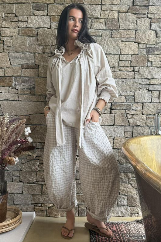 Nonni Gingham Classic Barrel Pant Stone /10 Pre order 1 week 